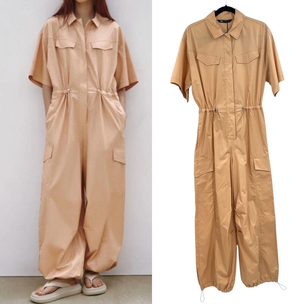 Zara Utility Jumpsuit Cargo Snap Front Gabardine Cotton Peach Beige Size XS‎